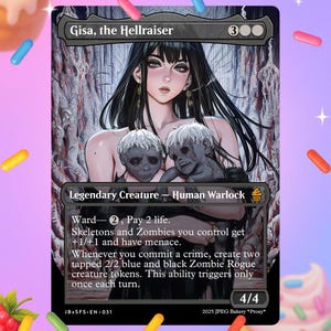 May include: A Magic: The Gathering card featuring "Gisa, the Hellraiser." The artwork depicts a woman with long black hair holding two zombie-like figures. The card text describes abilities related to Skeletons and Zombies. The card has a 4/4 power and toughness.