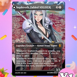 Könnte beinhalten: Sammelkarte mit Sephiroth, Fabled Soldier. Die Karte zeigt eine Figur mit langen silbernen Haaren und einem Schwert, vor dem Hintergrund einer blutigen Landschaft. Der Kartentext enthält Spielanweisungen und eine Stärke von 3/3.