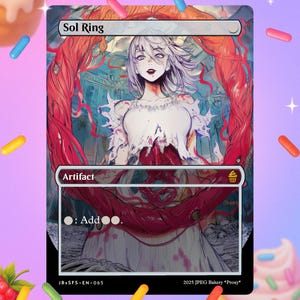 Könnte beinhalten: Eine Sol Ring-Karte mit einer Fantasy-Illustration einer Frau mit weißen Haaren und einem weißen Kleid, umgeben von roten Ranken. Die Karte ist mit "Artifact" beschriftet und enthält den Text "Add". Der Hintergrund ist eine Mischung aus Blau und Rot.