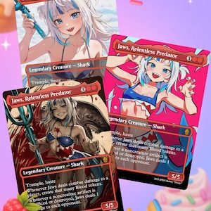 Puede incluir: Tres cartas coleccionables con ilustraciones de tiburones estilo anime. Las cartas se titulan "Jaws, Relentless Predator" y tienen un diseño rojo y negro. Cada carta muestra una ilustración diferente del personaje, con texto que detalla sus habilidades.