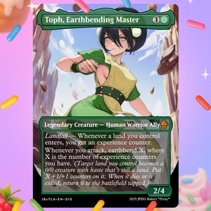 Puede incluir: Una carta de Magic: The Gathering con Toph, Maestra Tierra. La carta tiene una combinación de colores verde y beige con el texto "Criatura Legendaria - Humano Aliado Guerrero". La fuerza y resistencia de la carta son 2/4.