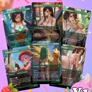 May include: A collection of fantasy art trading cards featuring female characters and creatures. Each card has unique artwork and text, with titles like "Seedborn Muse," "Exploration," and "Craterhoof Behemoth." The cards are set against a colorful background.