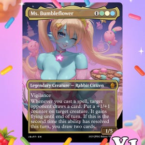 May include: A fantasy card featuring "Ms. Bumbleflower," a blue-skinned character with pink hair and a star necklace. The card includes text describing abilities and is surrounded by colorful sprinkles and a cupcake.