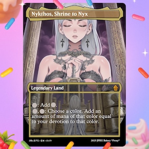 May include: A collectible card titled "Nykthos, Shrine to Nyx" featuring a detailed illustration of a woman with white hair and a serene expression. The card is a Legendary Land with text describing its abilities. The card is surrounded by colorful sprinkles and cupcakes.