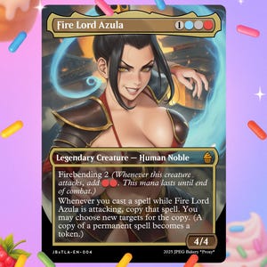 Puede incluir: Una carta de Magic: The Gathering con Fire Lord Azula. La carta muestra a una mujer con cabello oscuro y un atuendo rojo y marrón. El texto de la carta incluye "Firebending 2" y "Legendary Creature - Human Noble."