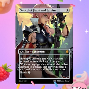 May include: A Magic: The Gathering card titled "Sword of Feast and Famine." The card features a female character holding a sword. The card is an artifact-equipment with text describing its abilities. The background is a fantasy landscape.