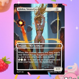 May include: A collectible card featuring the character Rikku, Stonefors. The card depicts a female figure in a yellow bikini, with long blonde hair, holding a fiery sword. The card has text that reads "Creature - Kor Artificer" and other game instructions.
