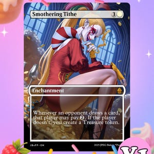 Può includere: Una carta di Magic: The Gathering intitolata "Smothering Tithe" raffigurante un personaggio in costume rosso con un collo a righe rosse e bianche. La carta è un incantesimo con testo descrittivo. Lo sfondo è una scena fantasy.