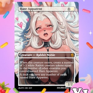 Könnte beinhalten: Eine Sammelkarte mit dem Titel Hare Apparent, die einen illustrierten Kaninchencharakter mit langem weißem Haar, roten Augen und einem schwarzen Halsband zeigt. Der Kartentext enthält den Kreaturentyp Rabbit Noble und Spielregeln für 1/1 weiße Kaninchen-Spielsteine.
