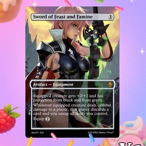 Puede incluir: Carta coleccionable "Sword of Feast and Famine" con una mujer de pelo rosa y vestimenta negra sosteniendo una espada. La carta es un artefacto-equipo con texto que describe sus habilidades. El logo "V1" está presente.