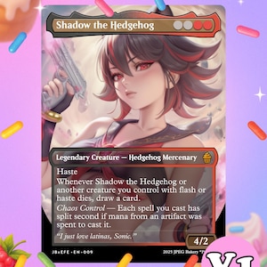 Puede incluir: Una carta coleccionable con una ilustración estilo anime de Shadow the Hedgehog. El personaje tiene cabello rojo y negro y sostiene un arma. La carta incluye texto que describe habilidades y texto de ambientación, con una clasificación de poder/resistencia de 4/2.