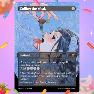 Puede incluir: Una carta personalizada de Magic: The Gathering titulada "Culling the Weak". La obra de arte representa a una mujer con cabello oscuro largo y una criatura que le es ofrecida. La carta tiene un fondo azul con el texto "Instant" y texto de ambientación.