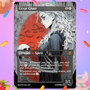 Könnte beinhalten: Eine Crypt Ghast-Karte mit einer Schwarz-Weiß-Illustration einer Frau mit langen, lockigen Haaren. Die Karte trägt den Text "Crypt Ghast" und "Creature - Spirit". Die Karte hat einen roten Hintergrund mit Augen.