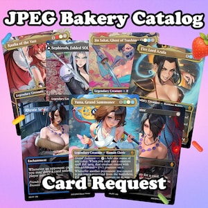 Puede incluir: Un conjunto de cartas coleccionables de fantasía con ilustraciones de personajes femeninos. Las cartas muestran textos como "Kaalia of the Vast", "Sephiroth, Fabled SOL" y "Yuna, Grand Summoner". El texto "Card Request" también es visible.