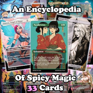 May include: A collection of 33 trading cards, featuring fantasy art and text. The cards include characters like Avacyn, Angel of Hope, and Parallel Lives. The text on the cards includes the phrases "An Encyclopedia Of Spicy Magic" and "Urza's Saga".