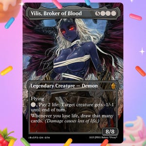 Könnte beinhalten: Eine Fantasy-Karte mit "Vilis, Broker of Blood", einem Legendären Kreatur-Dämon. Das Artwork zeigt eine dunkelhäutige Figur mit roten Augen und weißen Haaren, geschmückt mit dunklen Flügeln. Die Karte enthält Spieltext und eine Stärke/Zähigkeit von 8/8.