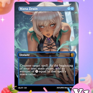 May include: A Magic: The Gathering card titled "Mana Drain" featuring a fantasy illustration of a woman with white hair and cat ears. The card has a blue border and text that describes the spell's effect. The background is a pink and purple gradient with decorative elements.