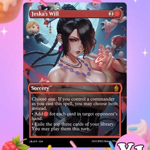 Puede incluir: Carta de arte de fantasía "Jeska's Will" con una mujer de cabello oscuro y un collar púrpura. La carta tiene un borde rojo e incluye texto del juego. El fondo es rosa suave con elementos decorativos.