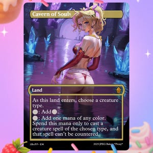 Op de afbeelding: Een aangepaste Magic: The Gathering-kaart met een anime-stijl illustratie van een vrouw in rode en roze kleding. De kaart heeft de titel "Cavern of Souls" en bevat speltekst. De achtergrond toont een fantasielandschap met blauwe kristallen.