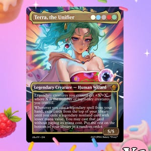 Może przedstawiać: Karta Magic: The Gathering z "Terra, the Unifier", legendarnym Human Wizard. Grafika karty przedstawia kobietę z zielonymi włosami i kwiatowym topem. Karta ma ocenę mocy i wytrzymałości 5/5 i zawiera tekst gry. Tło jest pastelowo-fioletowe.