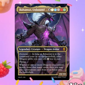 Puede incluir: Una carta de Magic: The Gathering con Bahamut, Unbound, un Avatar Dragón. La carta presenta una ilustración de un dragón en tonos morados oscuros y negros. El texto de la carta describe habilidades y una fuerza/resistencia de 10/10.