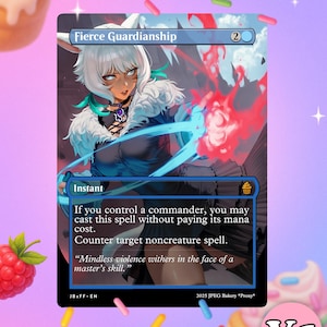 Puede incluir: Una carta de juego "Fierce Guardianship" presenta una ilustración de fantasía de una mujer con cabello blanco y cuello de piel. La carta tiene detalles en azul y rojo, con la palabra "Instant" y una descripción del hechizo. La carta está marcada "2025 JPEG Bakery *Proxy* V1".