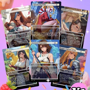 May include: A collection of six fantasy-themed trading cards. Each card features detailed artwork of characters and scenes, with text describing game mechanics. The cards are arranged on a colorful background with decorative elements.