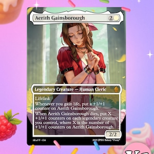 Pode incluir: Um card de Magic: The Gathering com Aerith Gainsborough, uma Criatura Lendária - Clérigo Humano. O card apresenta um retrato de uma mulher em um vestido vermelho. O texto do card inclui "Lifelink" e outras mecânicas de jogo. O card é rotulado como "2/2".