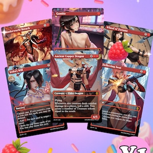 Könnte beinhalten: Sechs Fantasy-Art-Sammelkarten mit weiblichen Charakteren. Die Karten zeigen Titel wie "Underworld Breach" und "Wheel of Fortune". Die Kunstwerke zeigen verschiedene Posen und Outfits mit einer lebendigen Farbpalette und dem Text "V1" in der unteren rechten Ecke.