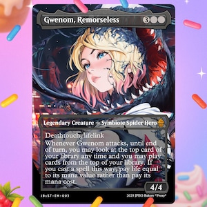 Può includere: Carta collezionabile con Gwenom, Remorseless. L'artwork mostra una donna con capelli biondi e occhi blu, su uno sfondo scuro e strutturato. Il testo include "Legendary Creature" e le regole del gioco. La carta ha 4/4 di potenza e resistenza.