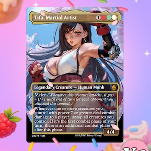 May include: A Magic: The Gathering card featuring Tifa, Martial Artist. The card has a colorful illustration of a woman in a white top and black arm guards. The card text includes "Legendary Creature - Human Monk" and other game details. The card is labeled 4/4.