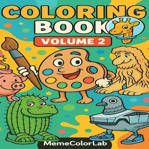 Peut inclure: Un livre de coloriage avec une couverture colorée représentant une palette de peinture, une girafe, un cactus, une bombe, une créature aux longs cheveux et un pigeon avec une voiture. Le titre du livre est "Coloring Book Volume 2".