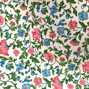 Light Floral Fabric with Pink and Blue Flowers, Fresh Botanical Print Material for Spring Pillows, Curtains, Tablecloths, and Tote Bags