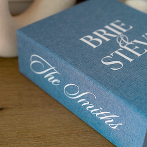 Puede incluir: Una caja rectangular cubierta de tela azul con un acabado texturizado. La parte superior presenta un texto impreso en blanco que dice BRIE & STEVEN, y el lateral muestra el texto The Smiths en una fuente cursiva blanca.
