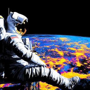 May include: An astronaut in a white spacesuit with an American flag patch sits against a backdrop of Earth. The planet is depicted with vibrant blue, yellow, and orange hues, suggesting city lights. The artwork is set against a black space background.
