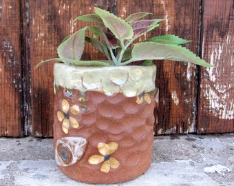 Ceramic Planter - Eyeballs & Flowers - Handmade - 14 oz
