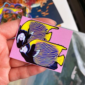 May include: Two stickers featuring a colorful illustration of an emperor angelfish. The fish has yellow fins, a blue and yellow striped body, and a black head with white accents. The stickers are on a pink background.