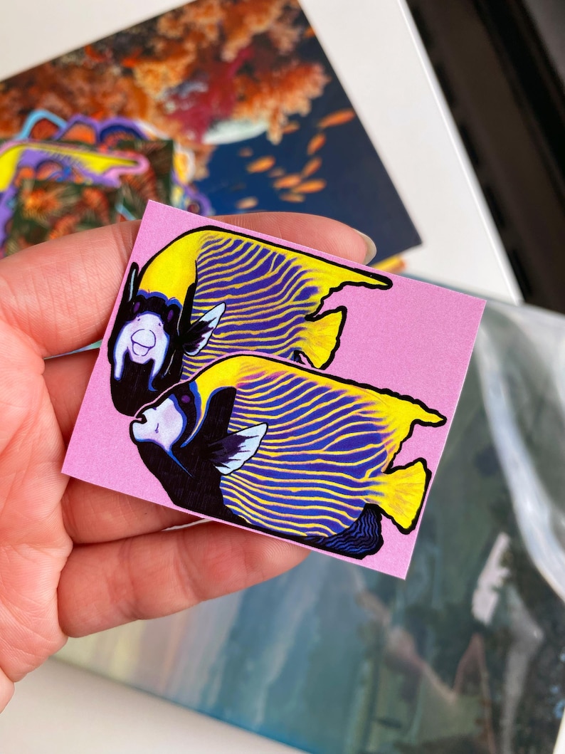 May include: Two stickers featuring a colorful illustration of an emperor angelfish. The fish has yellow fins, a blue and yellow striped body, and a black head with white accents. The stickers are on a pink background.