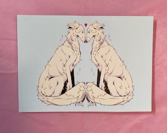 May include: A light blue art print featuring two stylized white dogs facing each other, with a red heart above their heads. The dogs have long, slender bodies and are seated. Pink sparkles are on either side of the dogs.