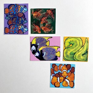 May include: A collection of five square art prints featuring colorful marine life illustrations. The prints depict various fish, including mandarin fish, lionfish, angelfish, a green moray eel, and clownfish, against different colored backgrounds.