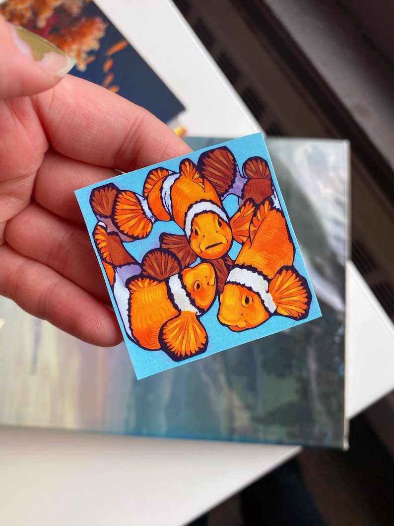May include: A square sticker featuring a group of cartoon clownfish. The fish are orange with white stripes and black-edged fins, set against a light blue background. The sticker is held by a hand.
