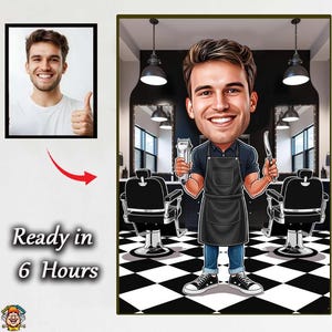 Friseur-Karikatur-kundenspezifisches Karikatur-Porträt des männlichen Friseurs, der Scherer und Rasierer im Barbershop hält, digitaler Grafik-Geschenk-Friseur-Stylist