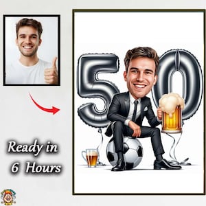Custom 50th Man Cartoon Portrait | 50th Birthday Caricature | Birthday Cartoon | Personalized Birthday Gift | Man&#39;s Birthday | Funny Gift