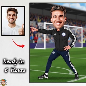 Caricatura de entrenador de fútbol: retrato digital personalizado en un estadio, regalo para entrenador de fútbol, mentor o aficionado al deporte. Caricatura artística de hombre.