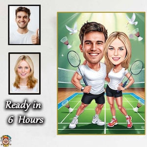 Badminton Sport Paar Spieler Cartoon Porträt Karikatur Geschenk für Tennisspieler Trainer Cartoon vom Foto Digital Download Arts