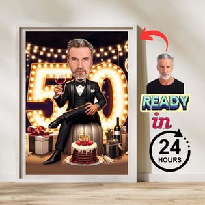 männliche Geburtstagskarikatur Kundenspezifische Karikatur zum Geburtstag des 50-jährigen Mannes: Geschenkthema, Jeans & weiß / blaues Outfit, perfektes personalisiertes Geschenk