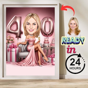 Caricature personnalisée pour 40e anniversaire pour femme | Portrait de dessin animé personnalisé à partir de la photo | Cadeau amusant pour 40e anniversaire | Fête surprise unique"