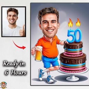 Caricatura de 50 anos - Presente de desenho animado digital personalizado para marido, pai ou amigo Presente de aniversário para pai, marido, amigo masculino Personali perfeito
