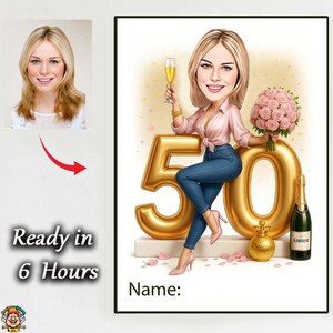 Presente de aniversário de 50 anos para mulher – Caricatura personalizada de retrato, arte digital engraçada para mãe, irmã, esposa, amiga