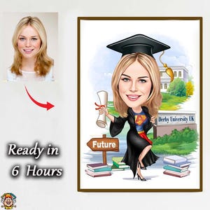 Graduation Caricature for Female – Custom Cartoon Portrait with Scroll and Cap, Digital Gift for High School College Girl Drawing Graduation